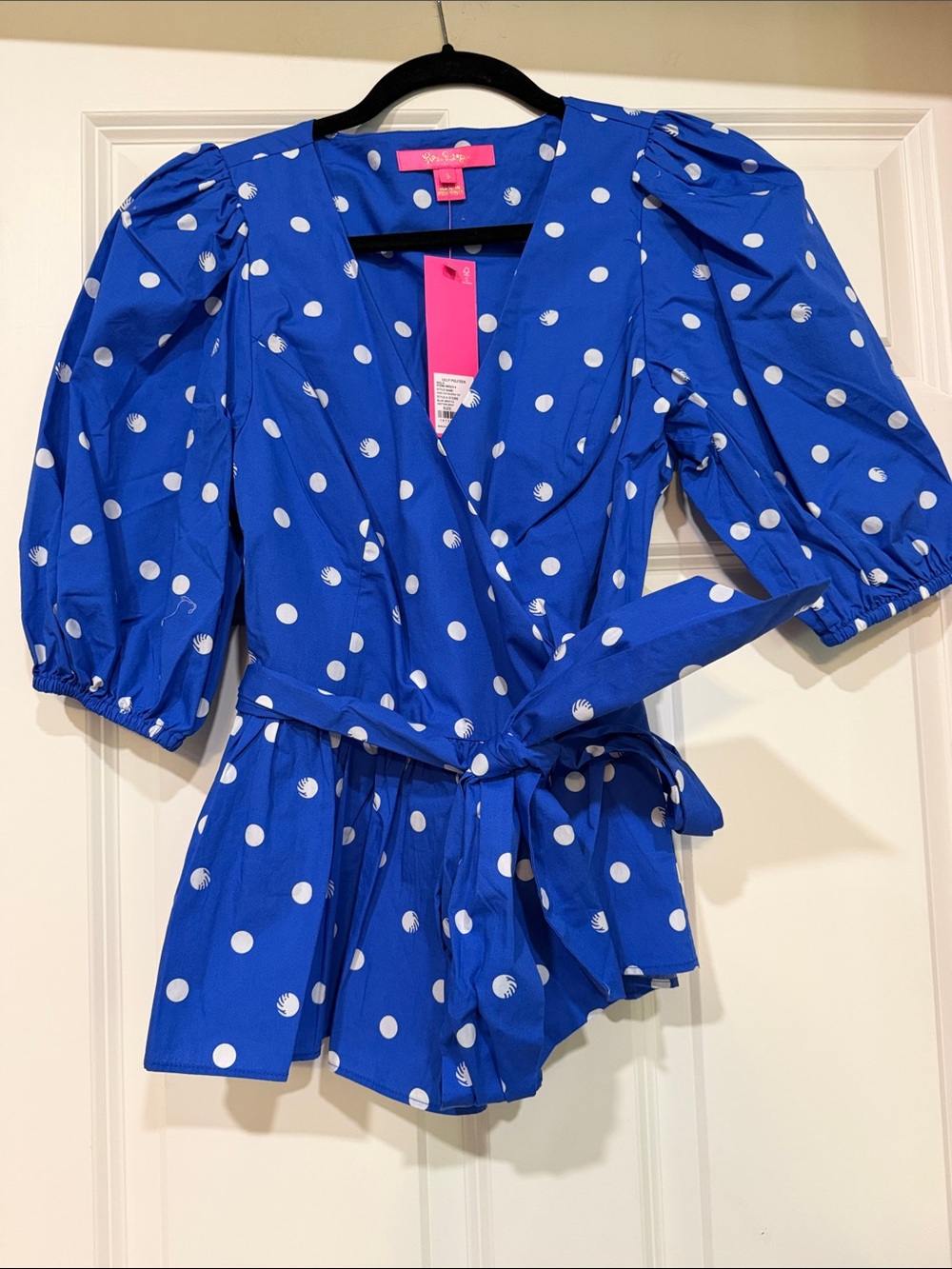 Lilly Pulitzer Royal Blue & White Polka Dot Wrap Blouse